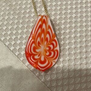 New Murano Blown Glass Orange Teardrop Floral Design Pendant Necklace From Italy